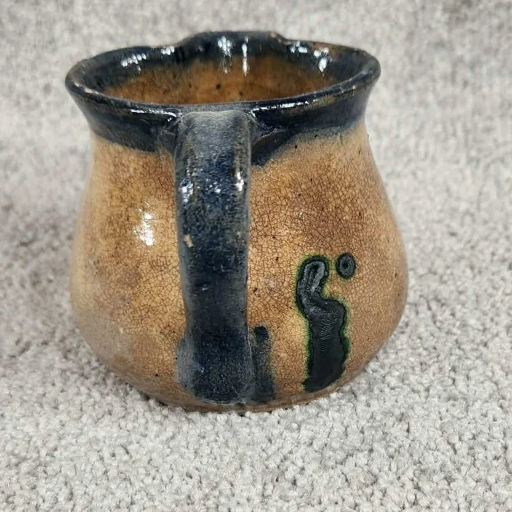 Studio Pottery Creamer Pitcher Tan Cobalt Blue‎ Rustic Farmhouse Small